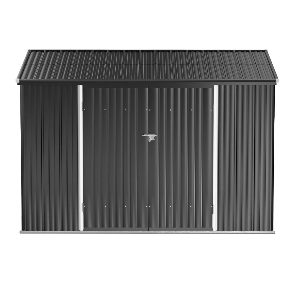 Grey galvanised steel garden shed side view with skillion roof