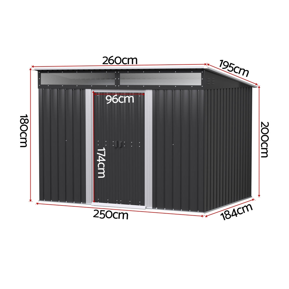 Steel garden shed doors open showing interior