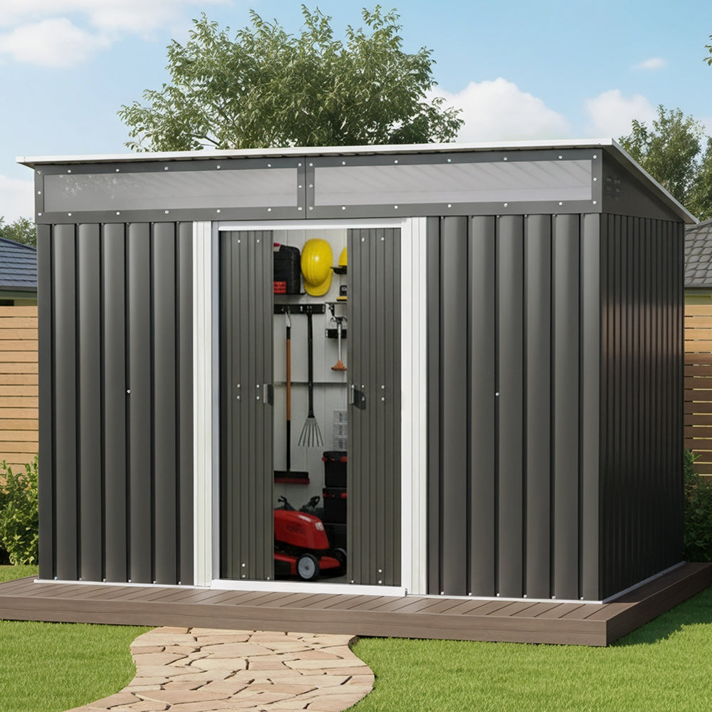 Galvanised steel garden shed in backyard setting