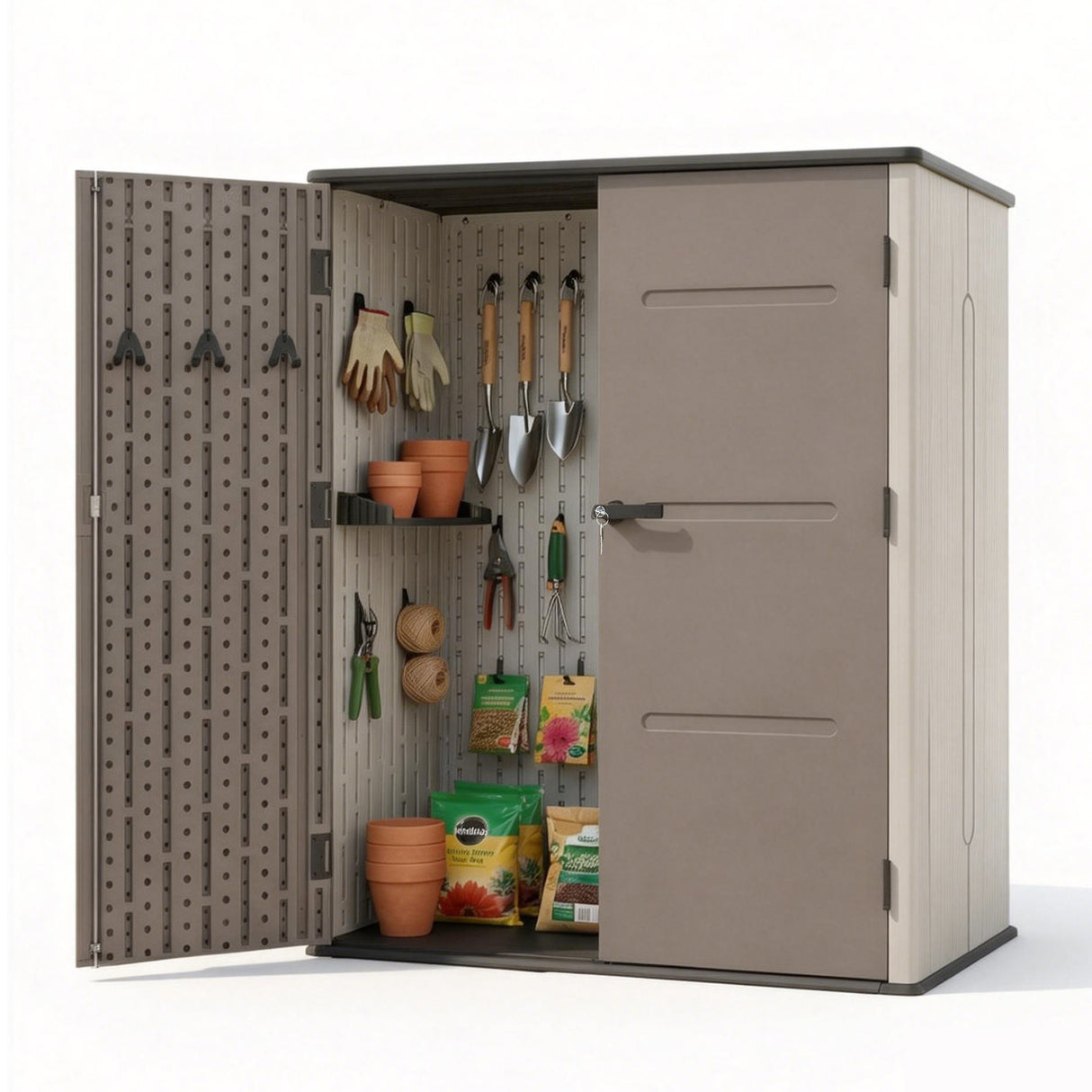 Outdoor garden storage shed in grey and brown HDPE resin, front view