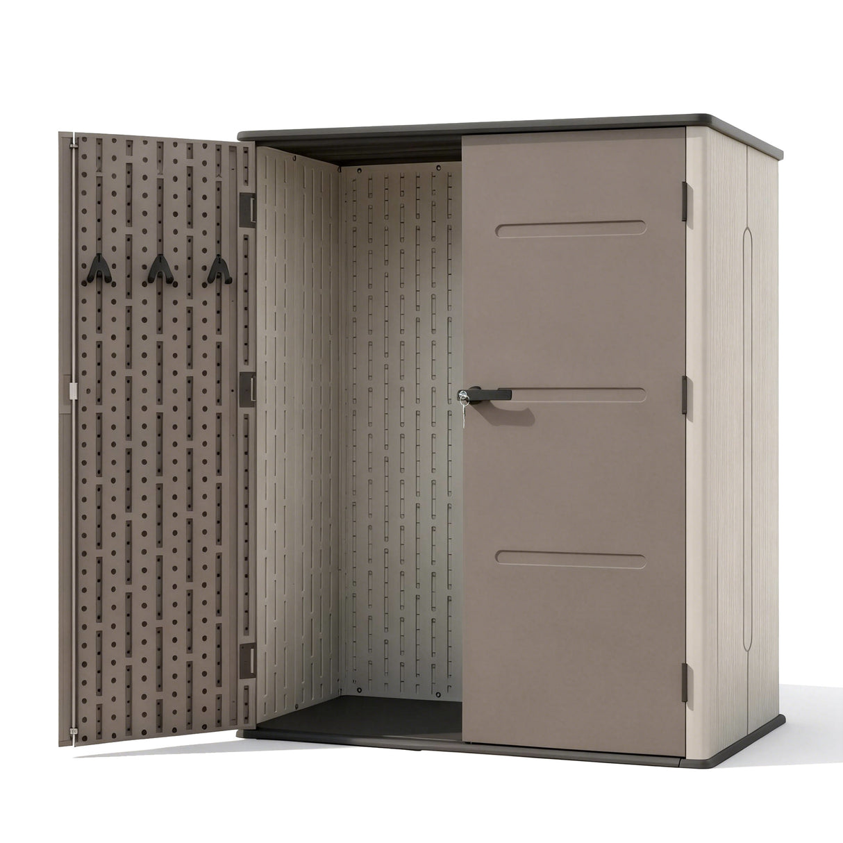 Grey and brown resin garden shed side view showing sloped roof