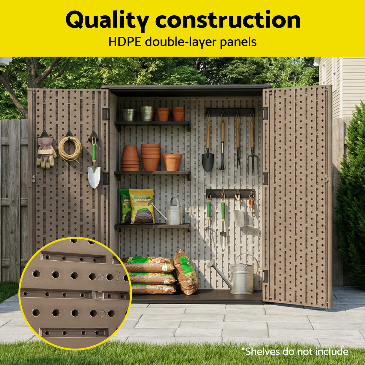 Resin garden shed powder coated steel frame detail
