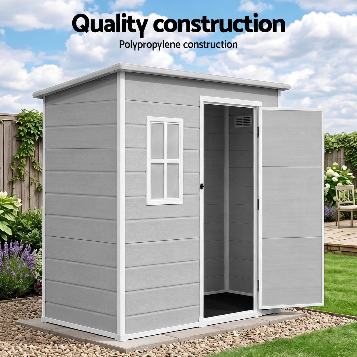 Grey resin outdoor storage shed ventilation panel detail