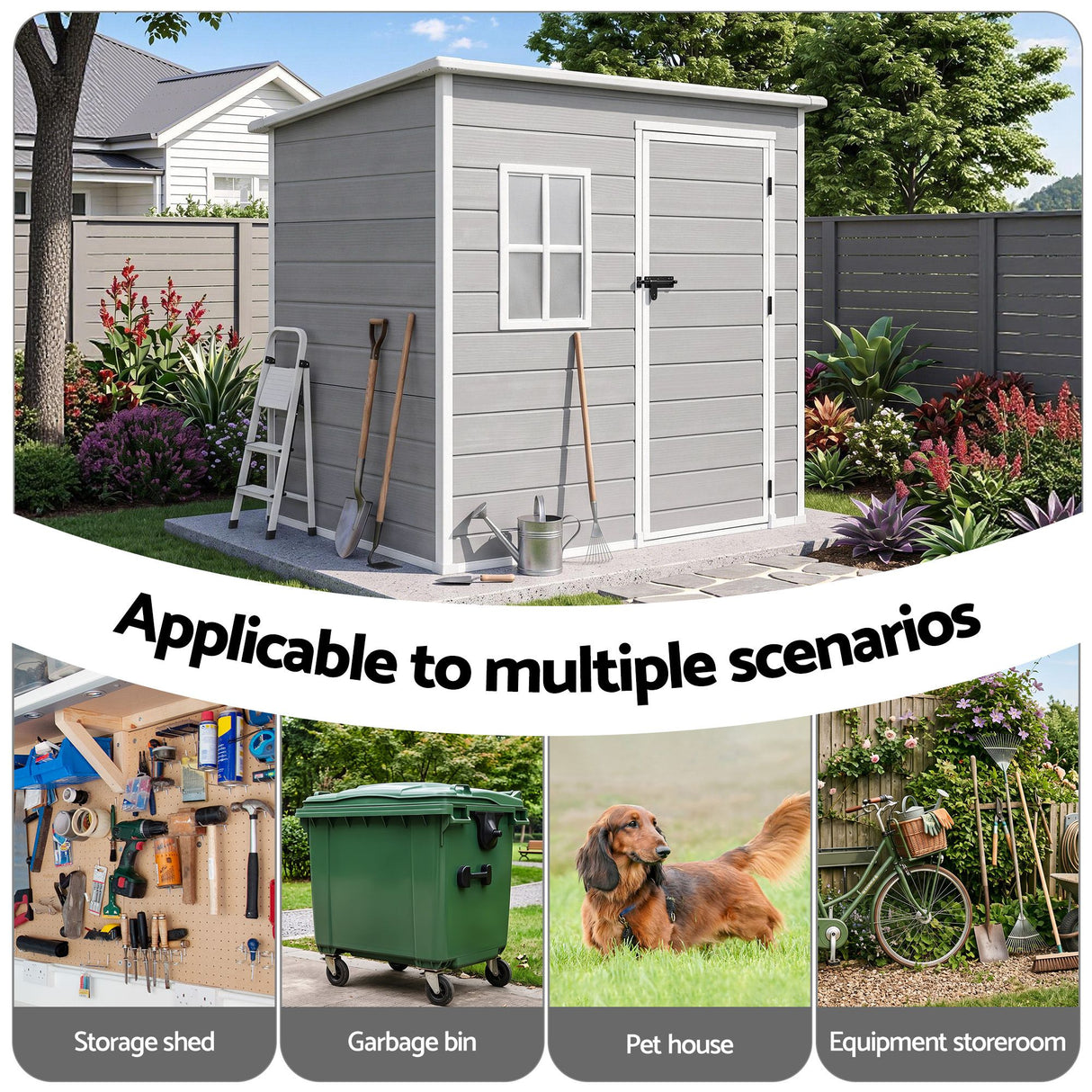 Resin garden shed shown in backyard setting