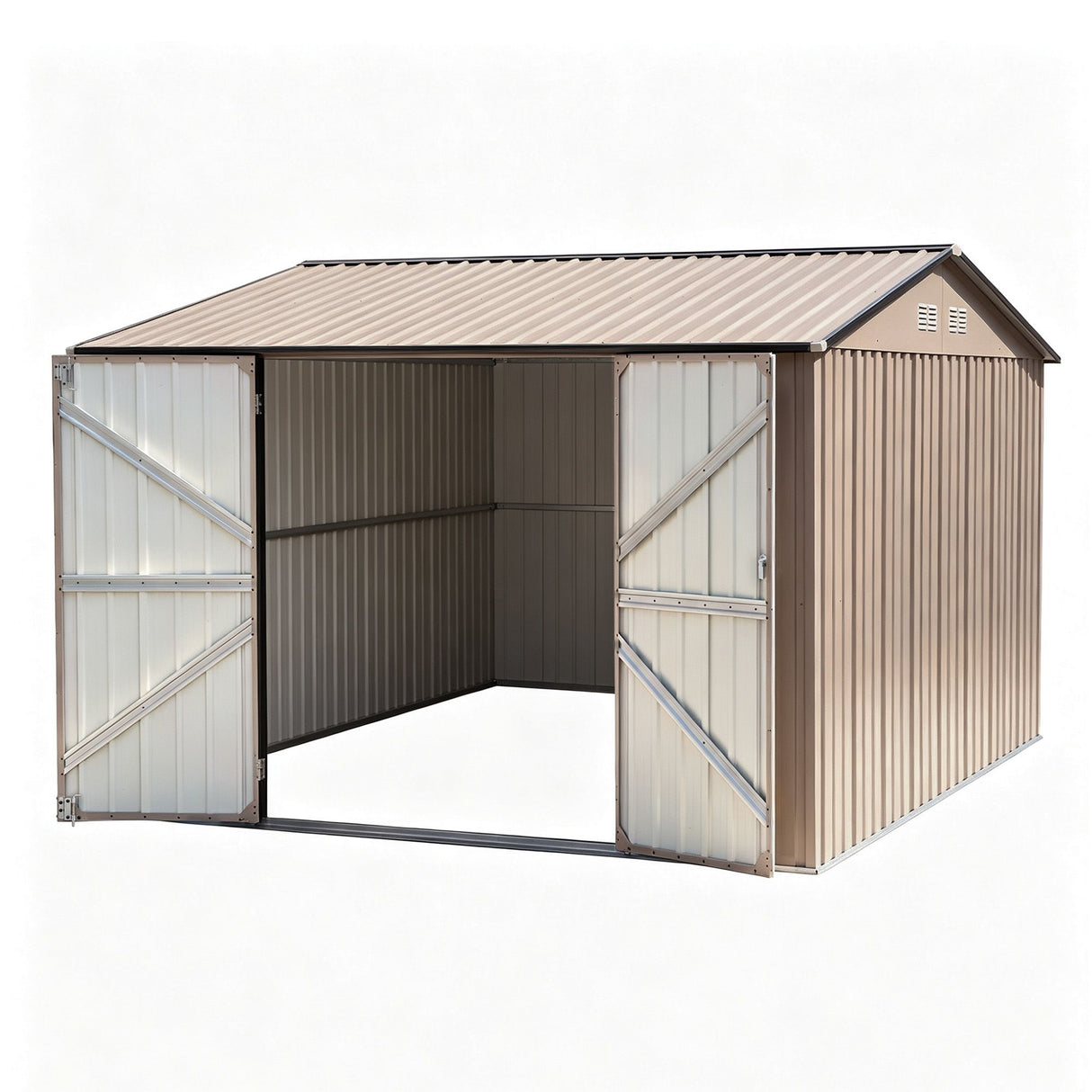 Outdoor garden storage shed in brown galvanised steel, front view