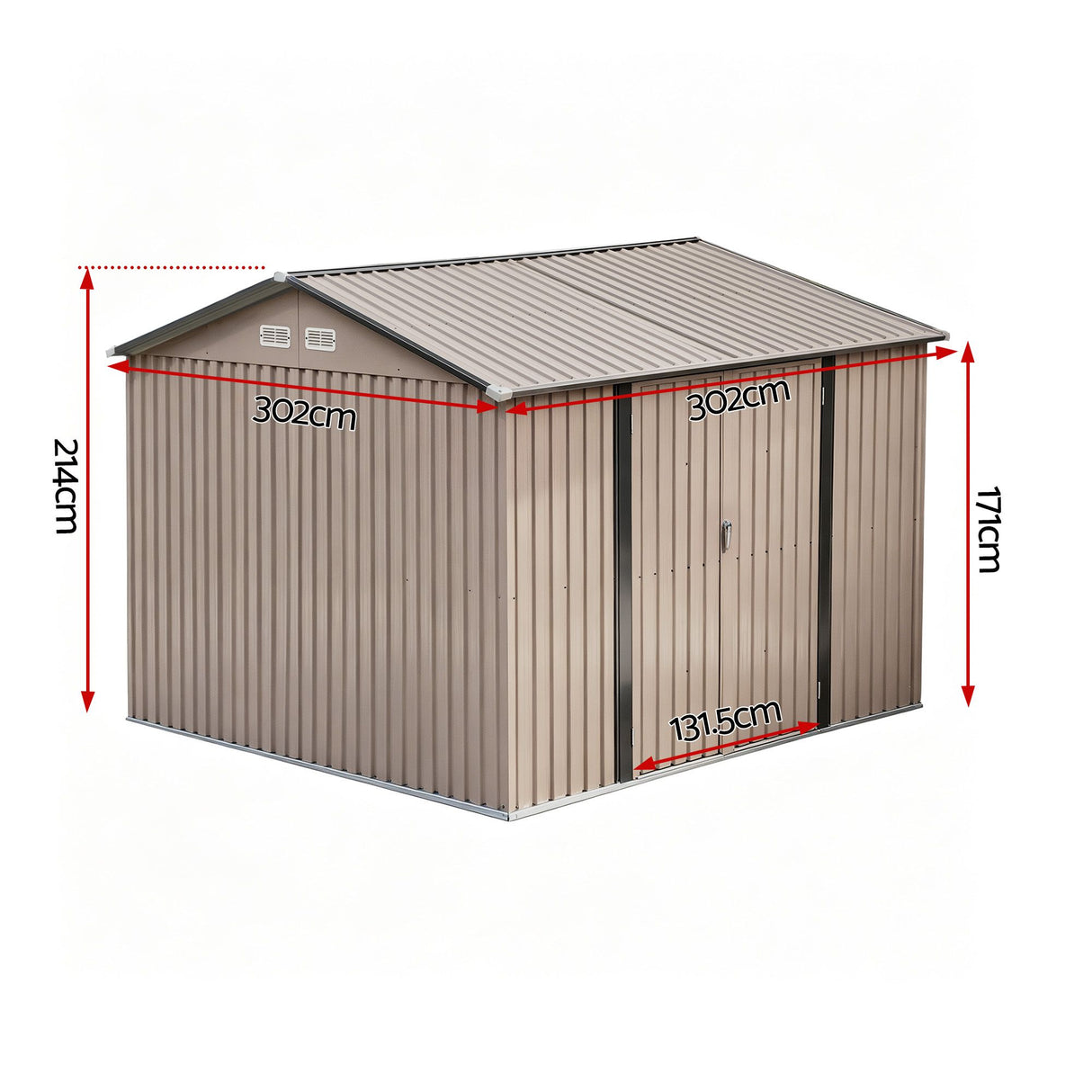 Brown steel garden shed with double hinged doors open