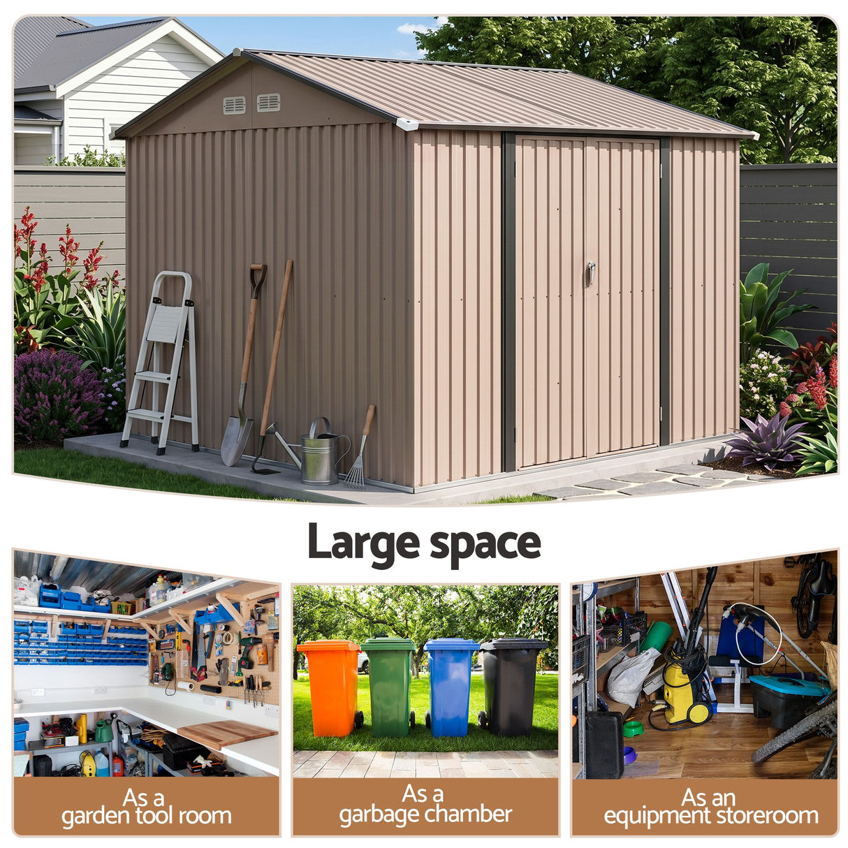 Brown garden shed lockable L handle close up