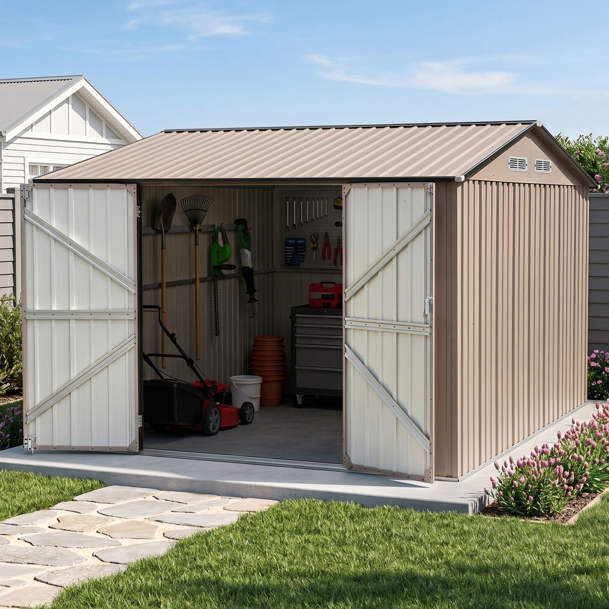 Brown steel garden shed shown in backyard setting