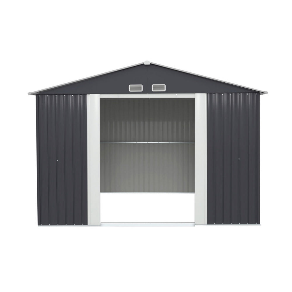 Galvanised steel garden shed side view with gable roof