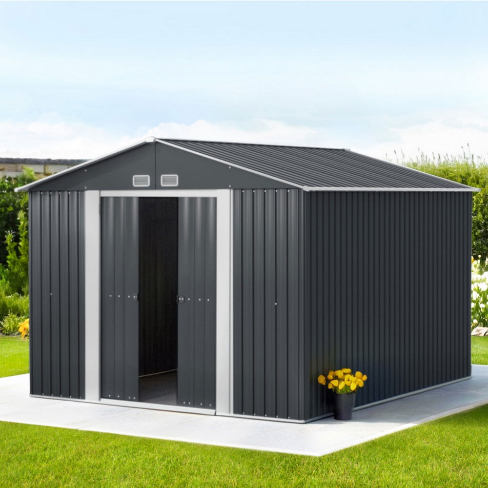 Outdoor galvanised steel garden shed with gable roof, front view