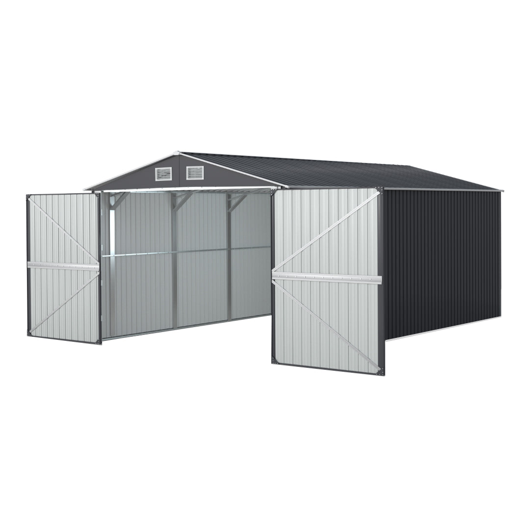 Large galvanised steel garden shed in backyard setting