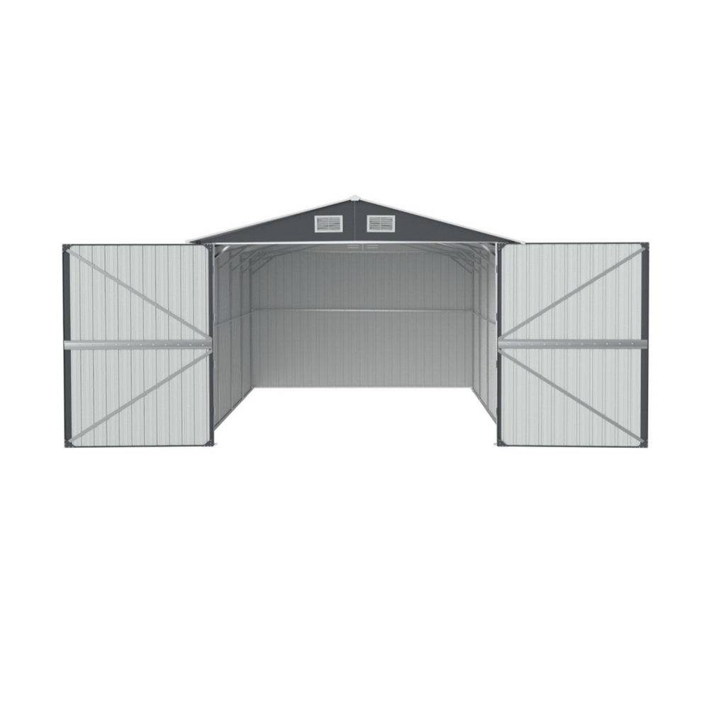 Galvanised steel garden shed side view with gable roof
