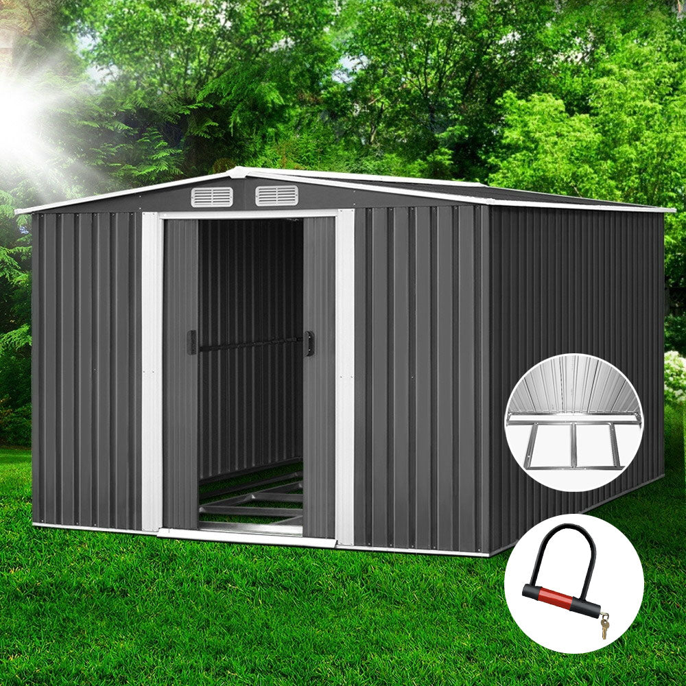 Grey metal garden shed with steel base, 2.58 x 3.14m