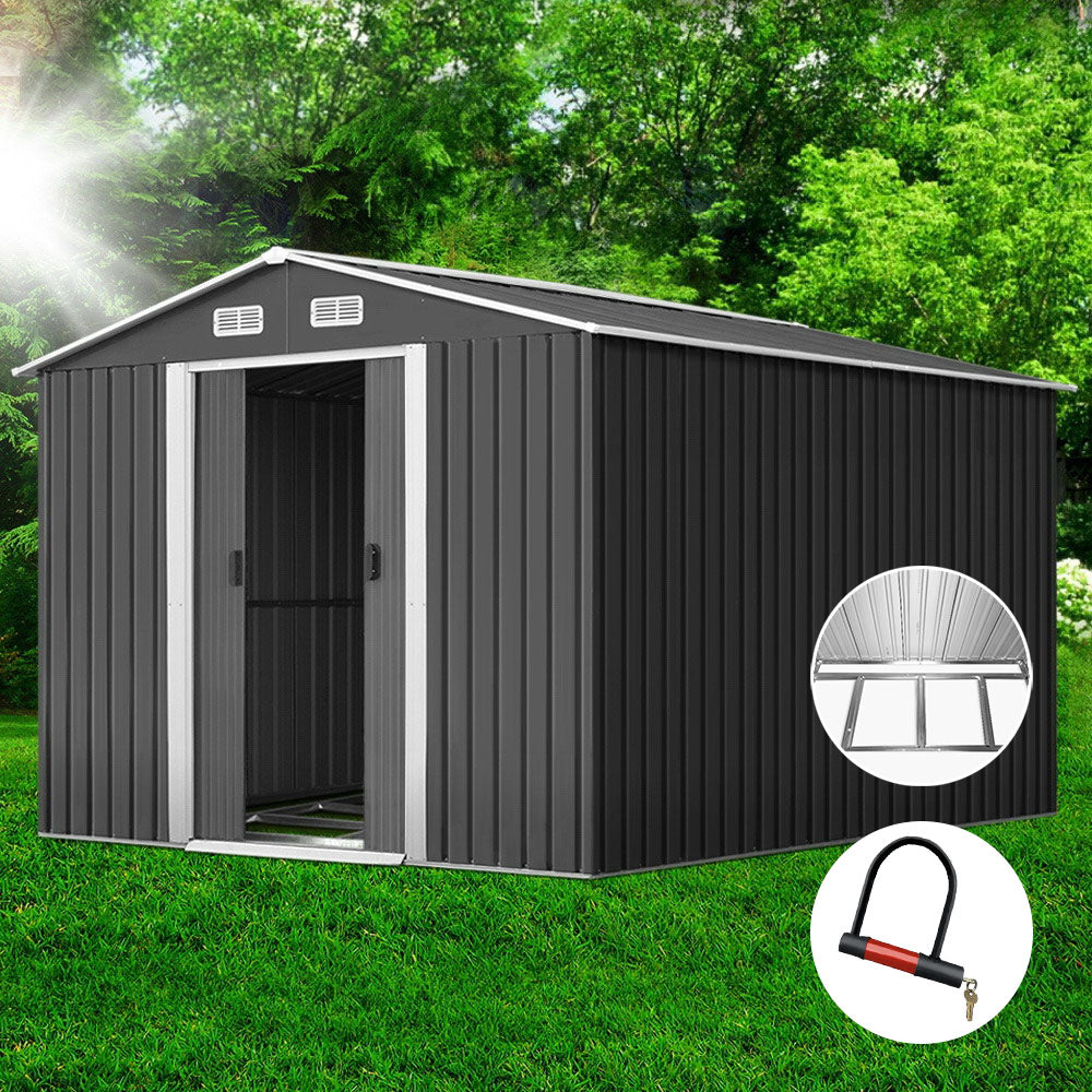 Grey metal garden shed with steel base, 2.6 x 3.89m