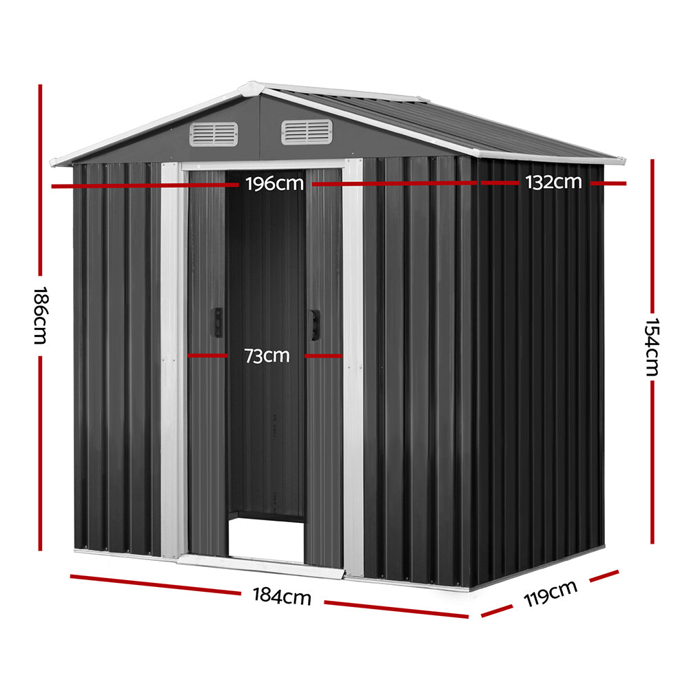 Garden Shed 1.96 x 1.32M Galvanised Steel with Sliding Doors - Grey
