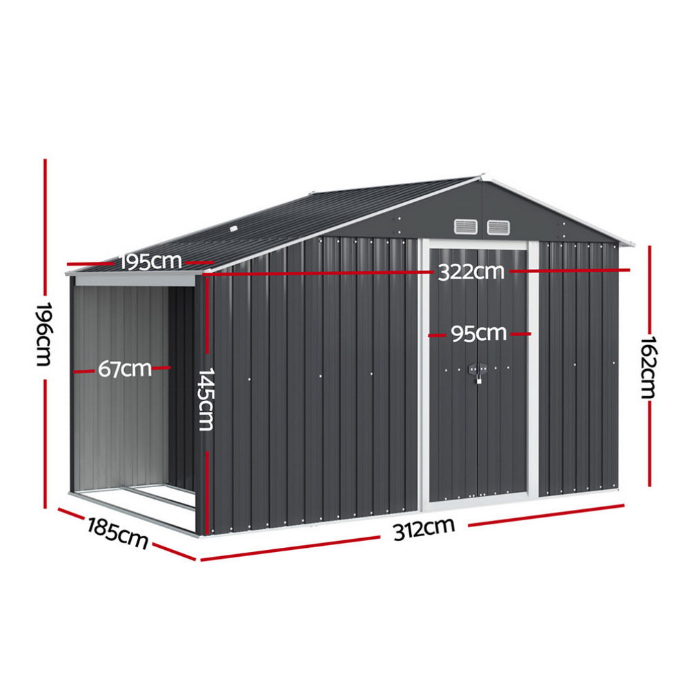 Steel garden shed doors open showing interior