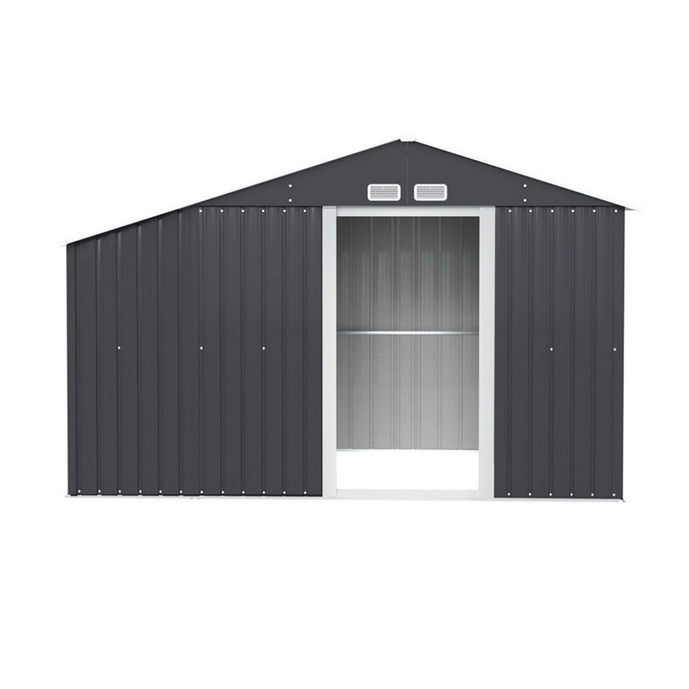 Galvanised steel garden shed side view with gable roof