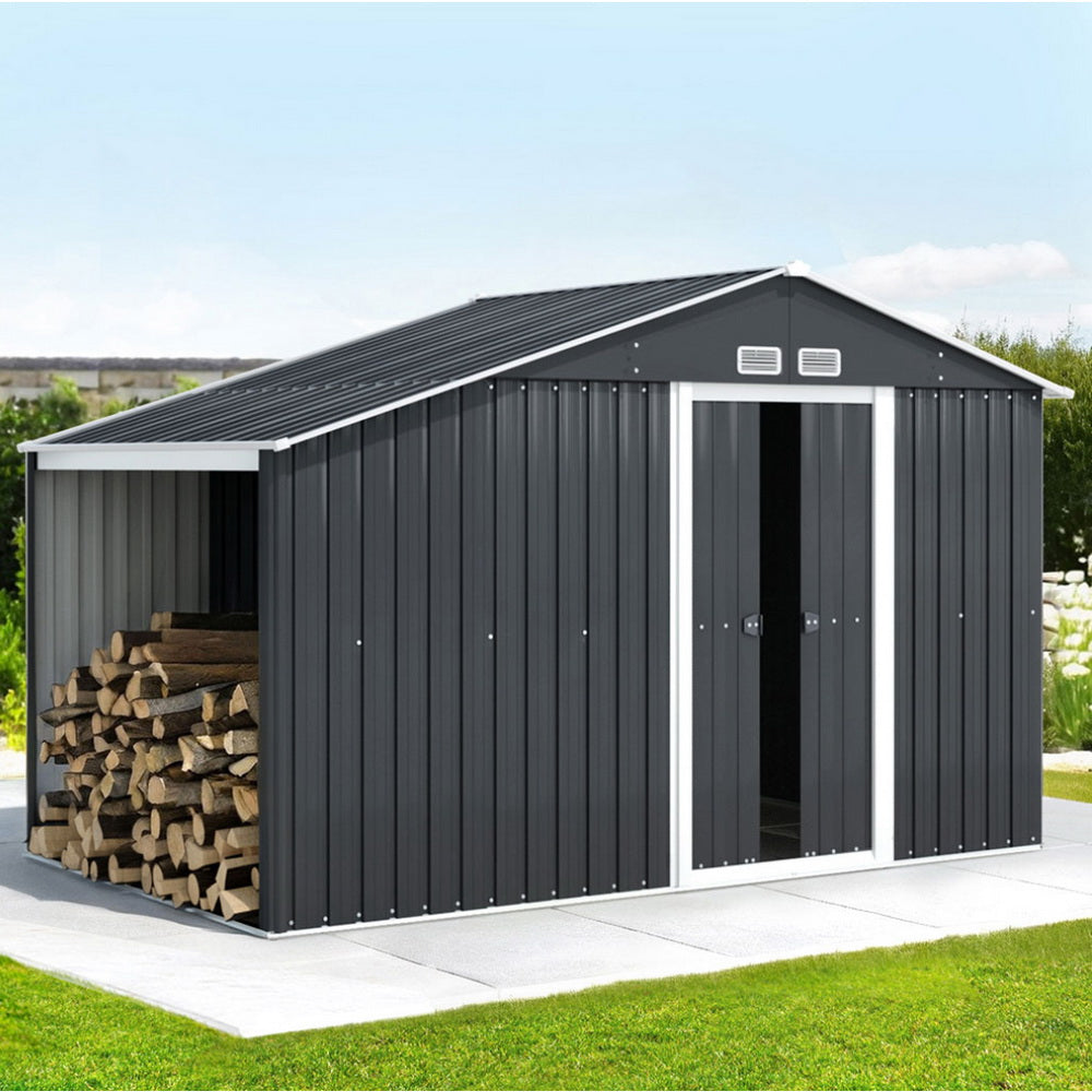 Outdoor galvanised steel garden shed with gable roof, front view