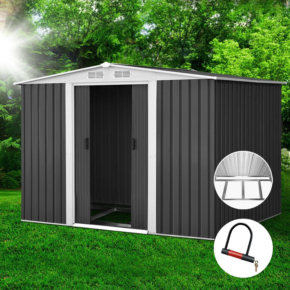 Grey metal garden shed with steel base, 2.58 x 2.07m