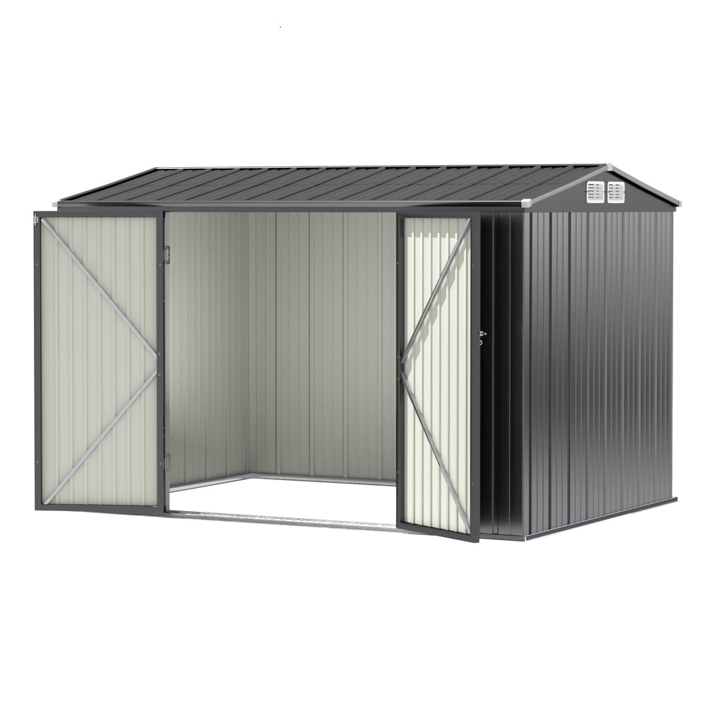 Outdoor galvanised steel garden shed with gable roof, front view