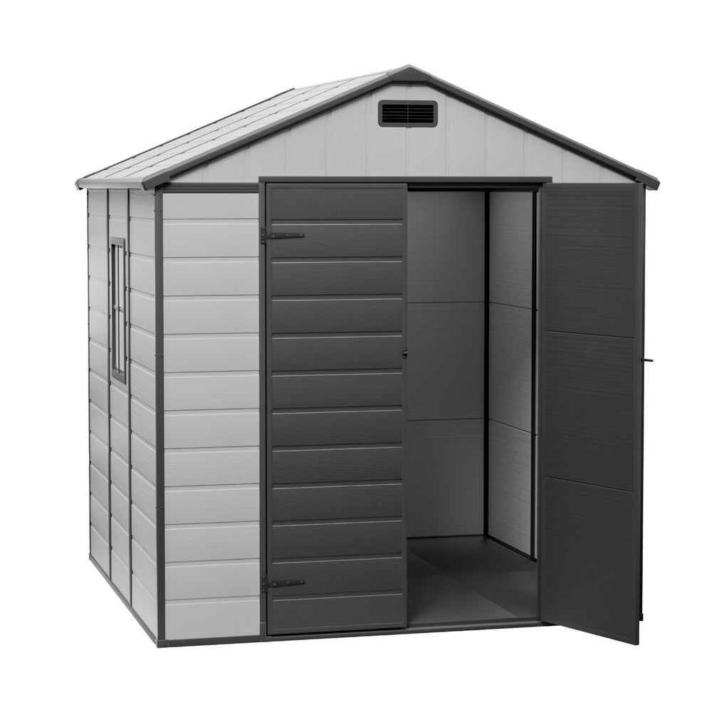 Outdoor grey resin garden shed with gable roof, front view