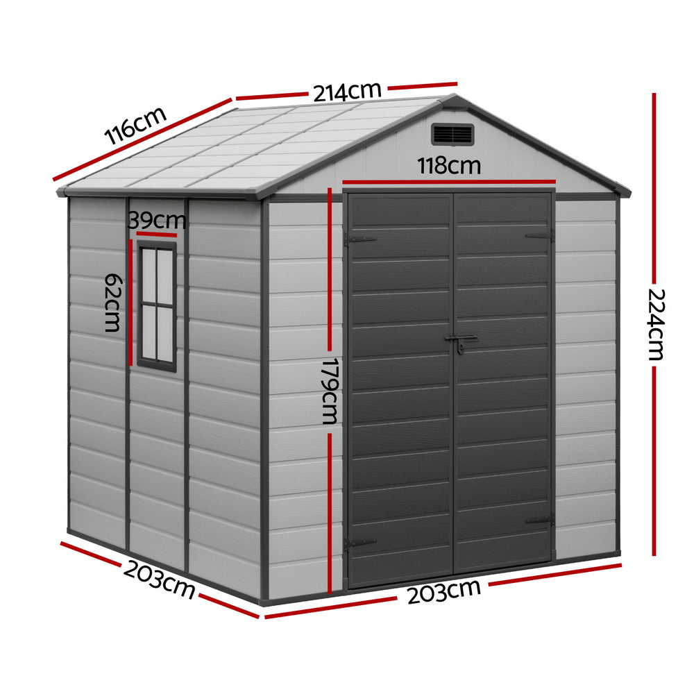 Grey resin garden shed with doors open showing interior