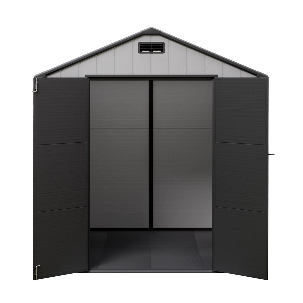 Grey resin garden shed side view with gable roof