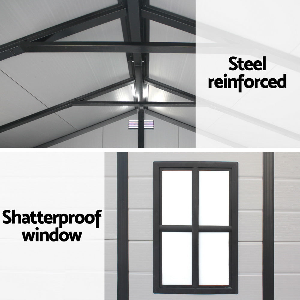 Grey resin garden shed dimensions diagram