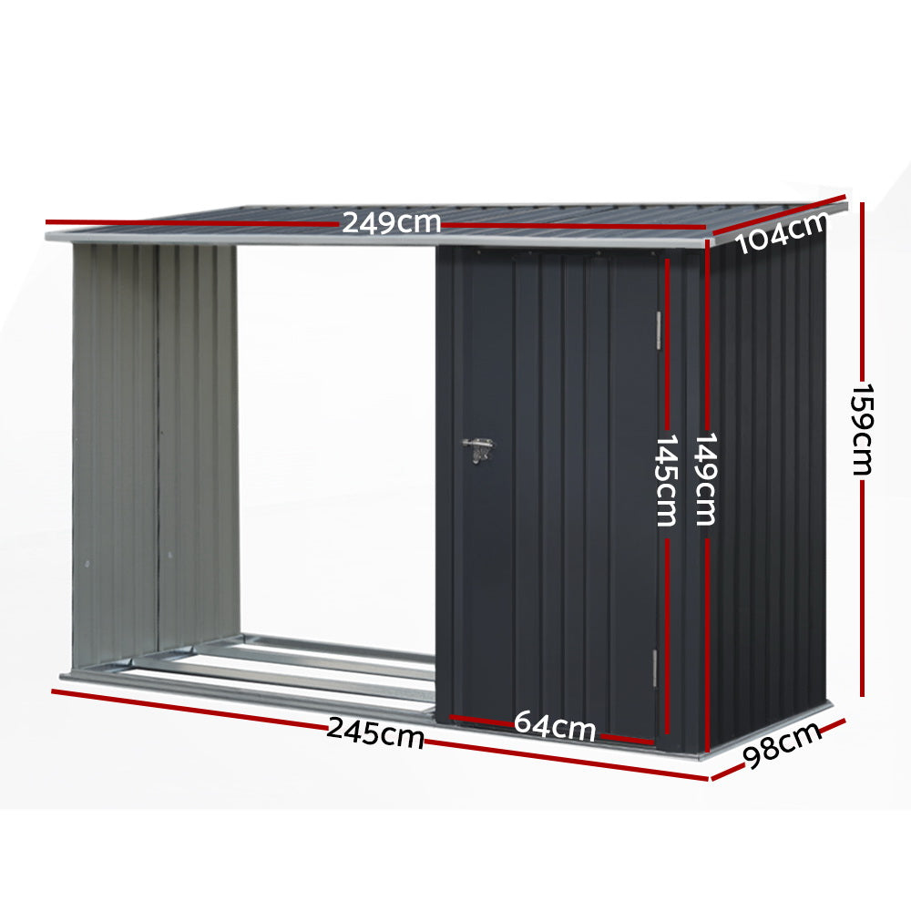 Garden Shed 2.49 x 1.04M Galvanised Steel 2-in-1 Log and Tool Store - Anthracite