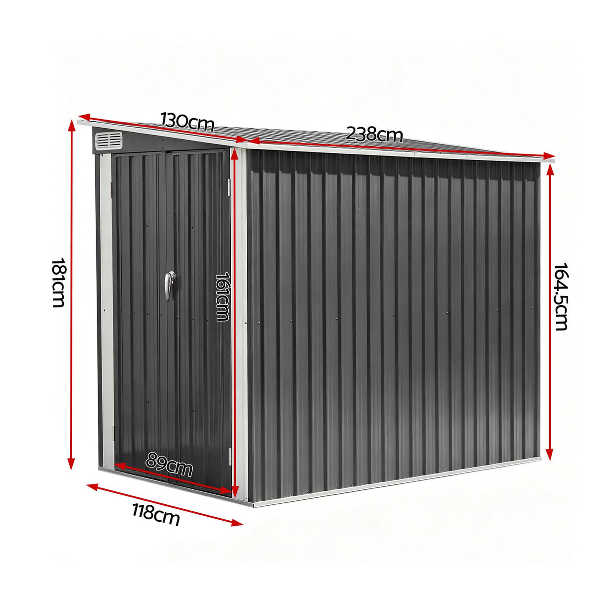 Grey lean-to metal garden shed, 118 x 238cm (view 2)