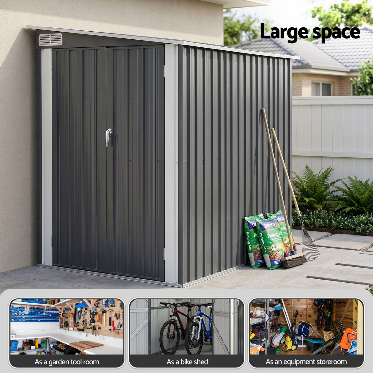 Grey lean-to metal garden shed, 118 x 238cm (view 5)