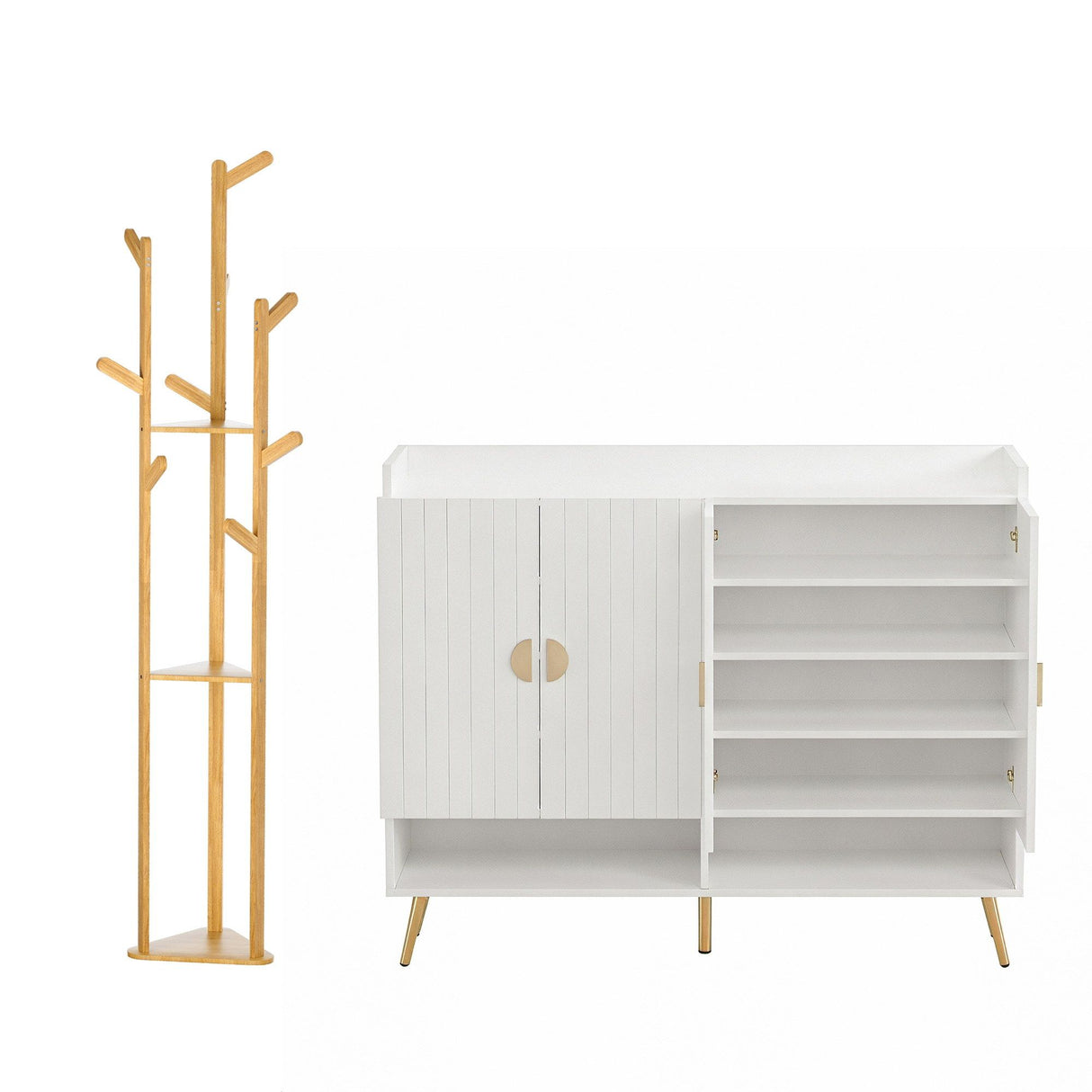 Mininera Shoe Cabinet and Clothes Rack Set, White and Pine