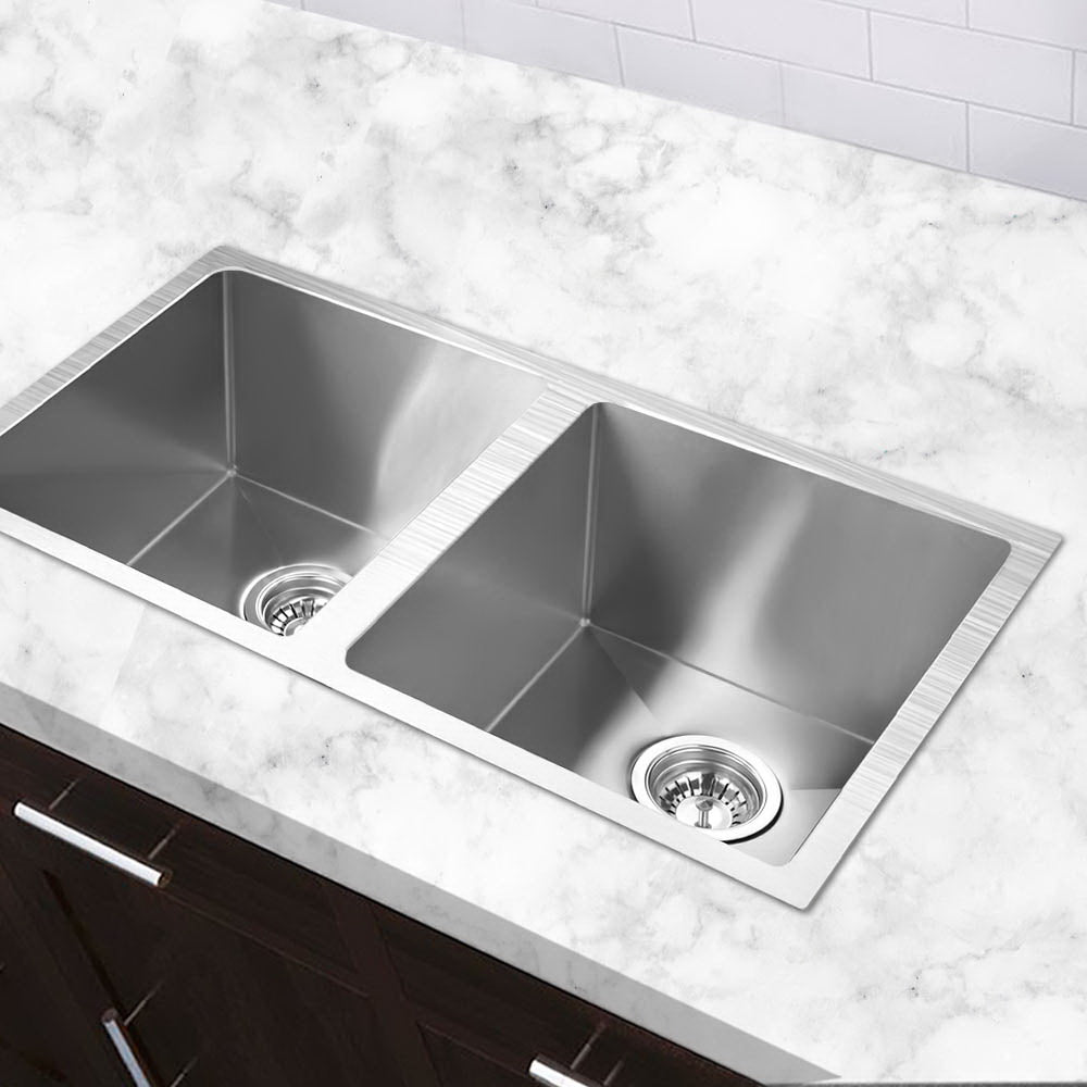 Kitchen sink, stainless steel silver double bowl 77x45cm