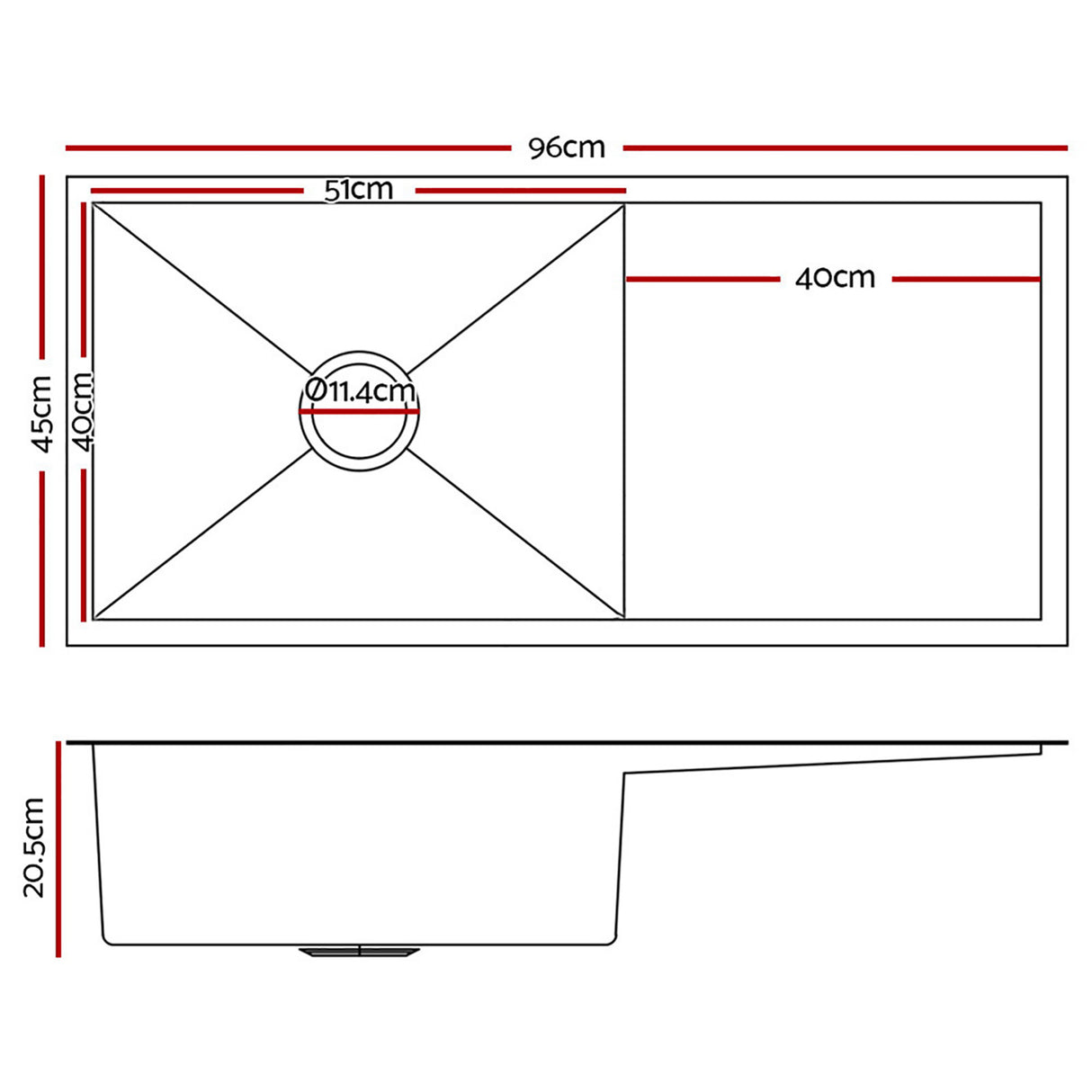 Stainless steel kitchen sink, silver single bowl 96x45cm