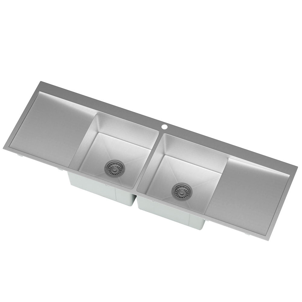 Stainless steel kitchen sink, double bowl 155x50cm satin finish