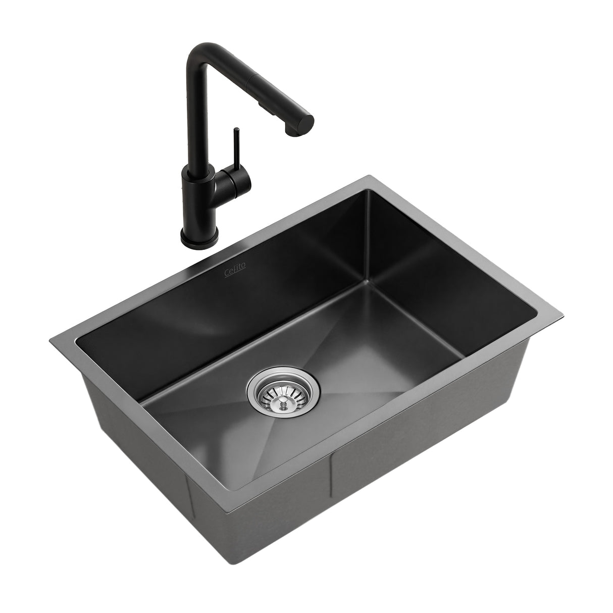 Stainless steel kitchen sink with pull out mixer tap, black single bowl 30x45cm