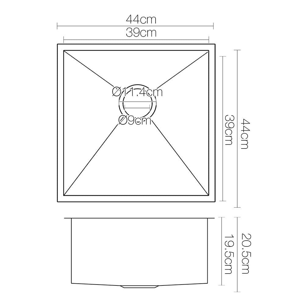 Stainless steel kitchen sink, black single bowl 44x44cm
