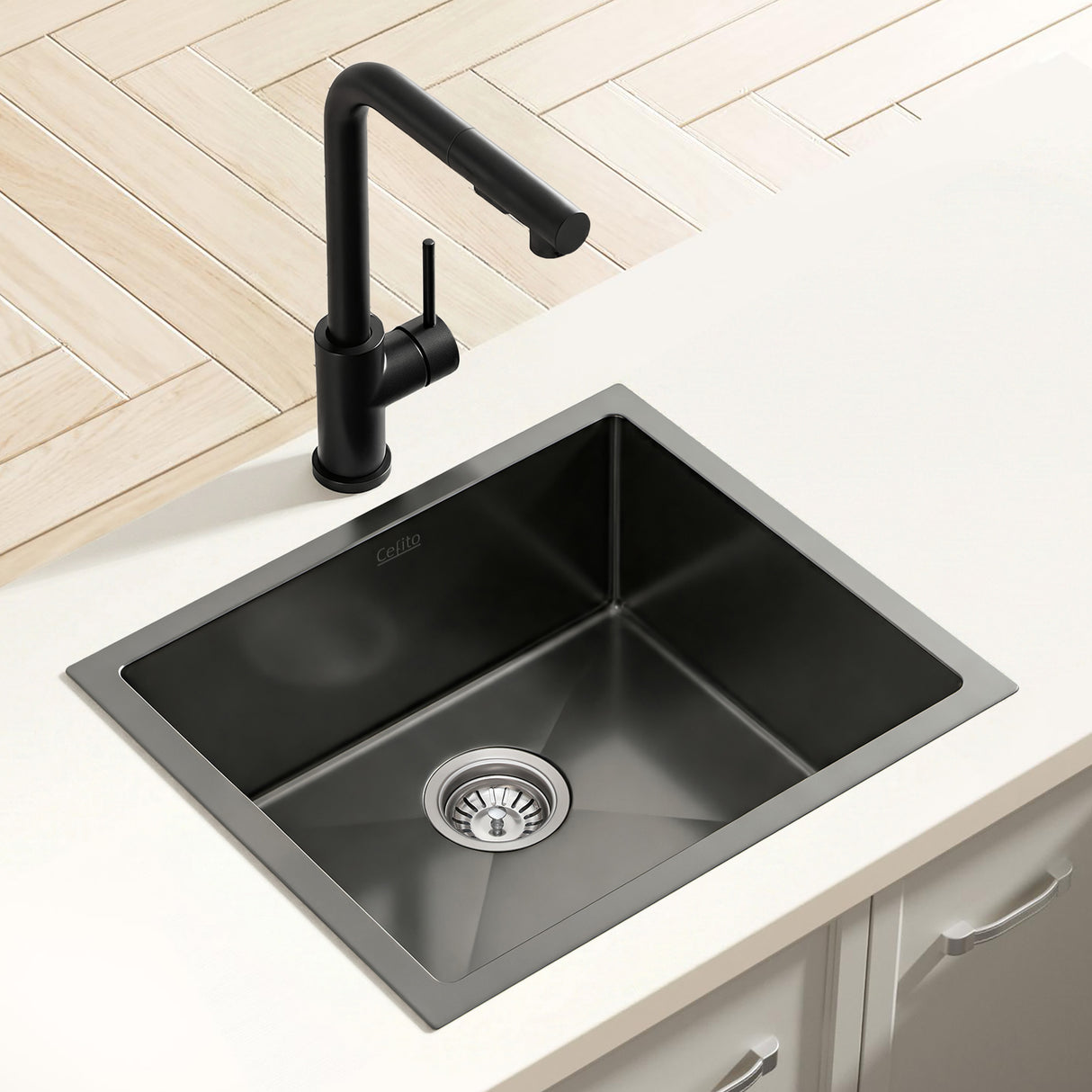 Stainless steel kitchen sink with pull out mixer tap, black single bowl 44x44cm