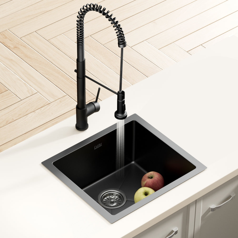 Stainless steel kitchen sink with pull out mixer tap, black single bowl 51x45cm