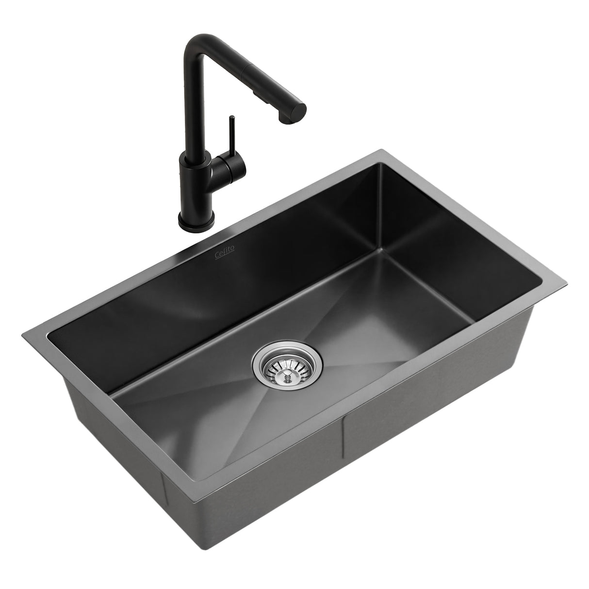 Stainless steel kitchen sink with pull out mixer tap, black single bowl 60x45cm