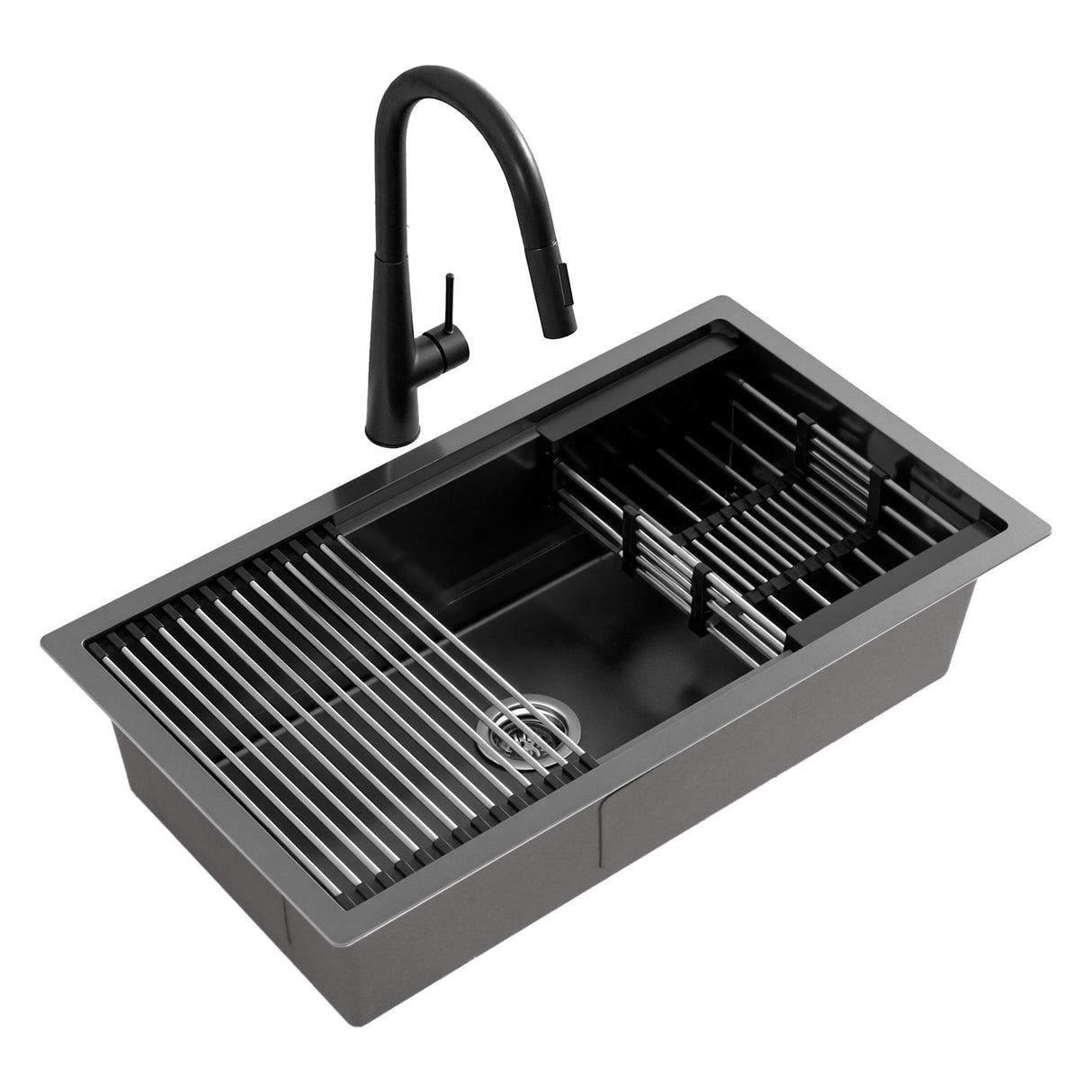 Stainless steel kitchen sink with pull out mixer tap, black single bowl 70x45cm