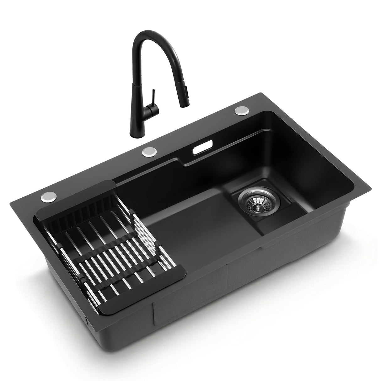 Stainless steel kitchen sink with pull out mixer tap, black single bowl 75x45cm