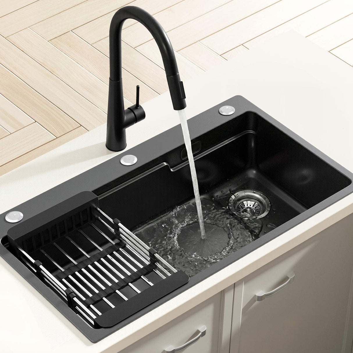 Stainless steel kitchen sink with pull out mixer tap, black single bowl 75x45cm