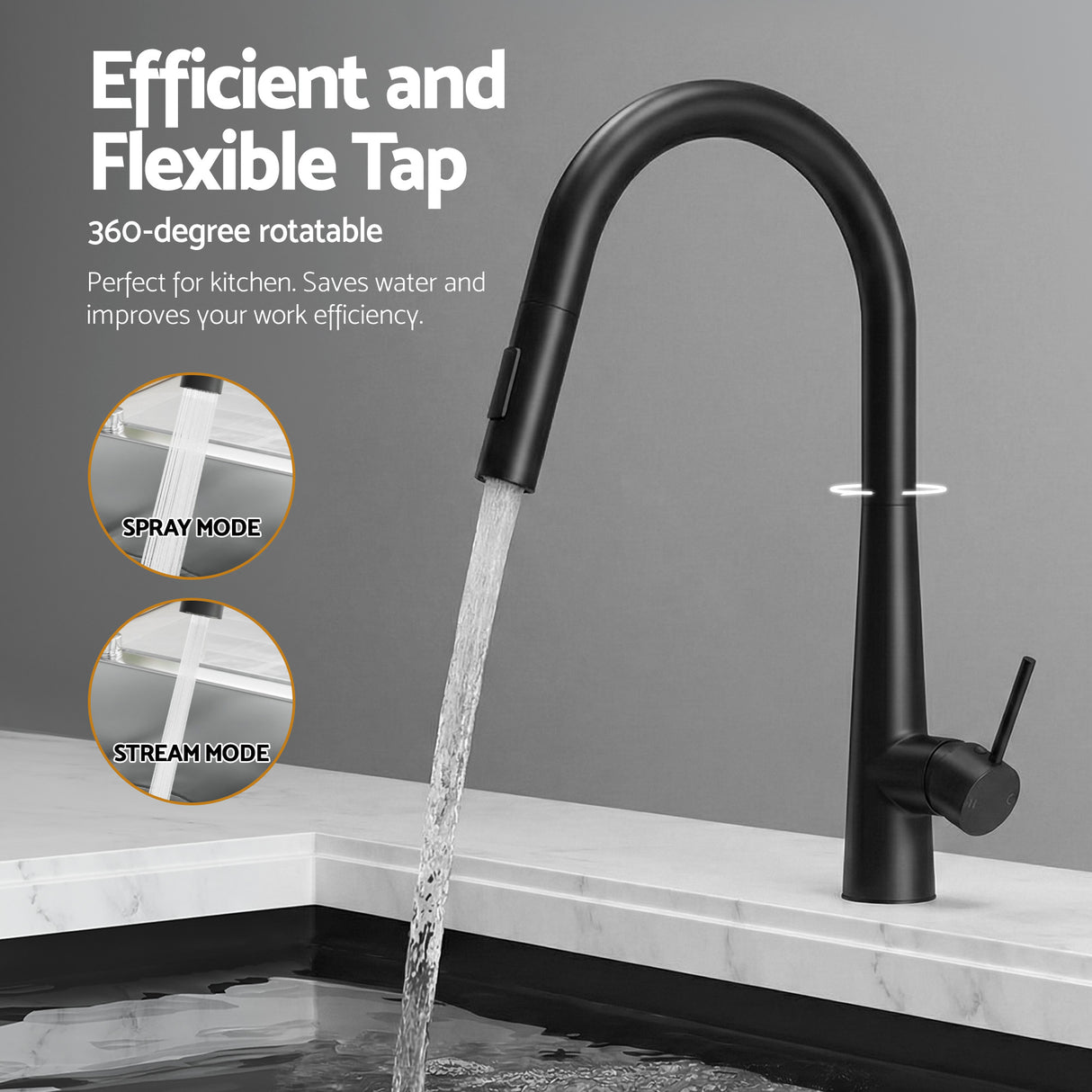 Stainless steel kitchen sink with pull out mixer tap, black single bowl 81x45cm