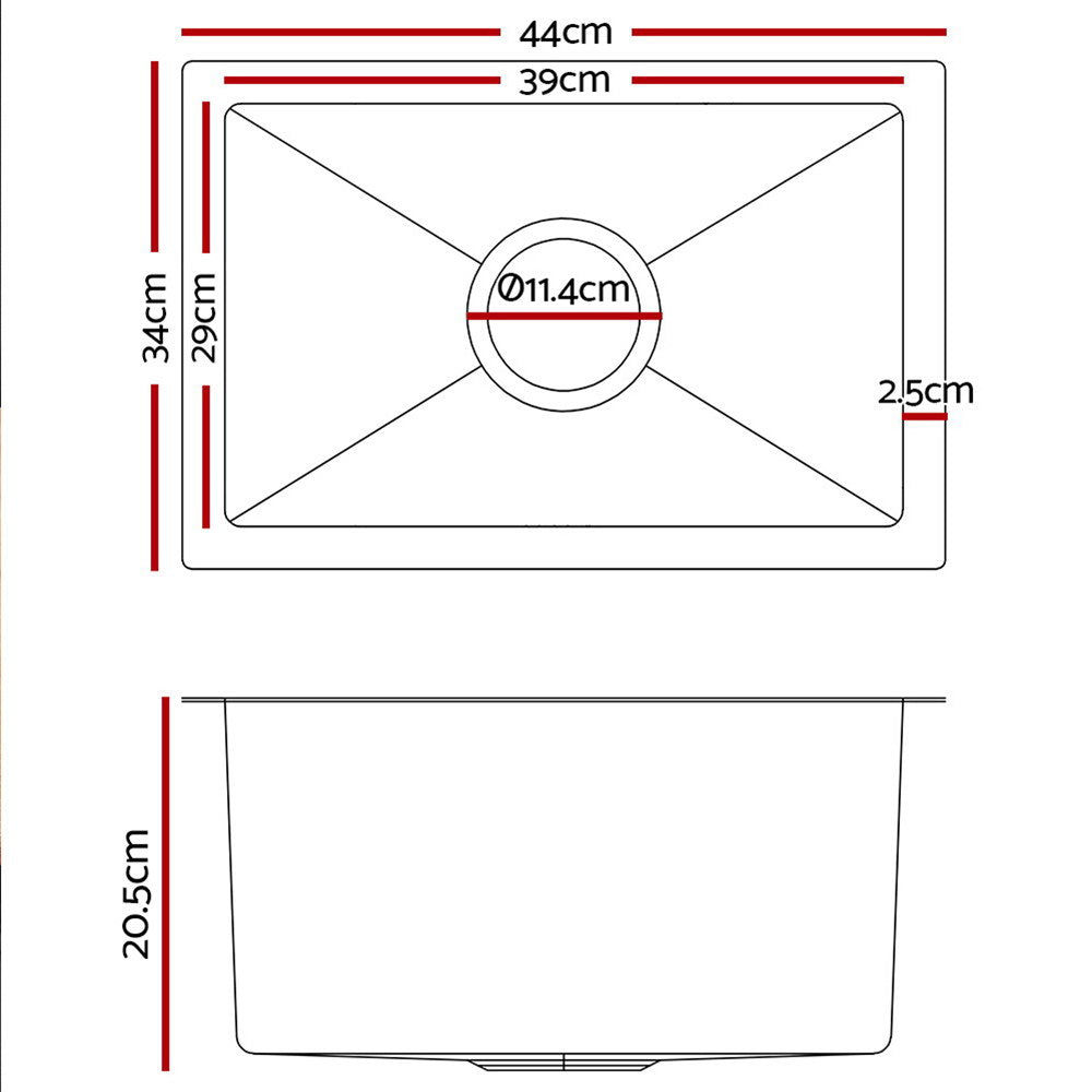 Stainless steel kitchen sink, silver single bowl 44x34cm
