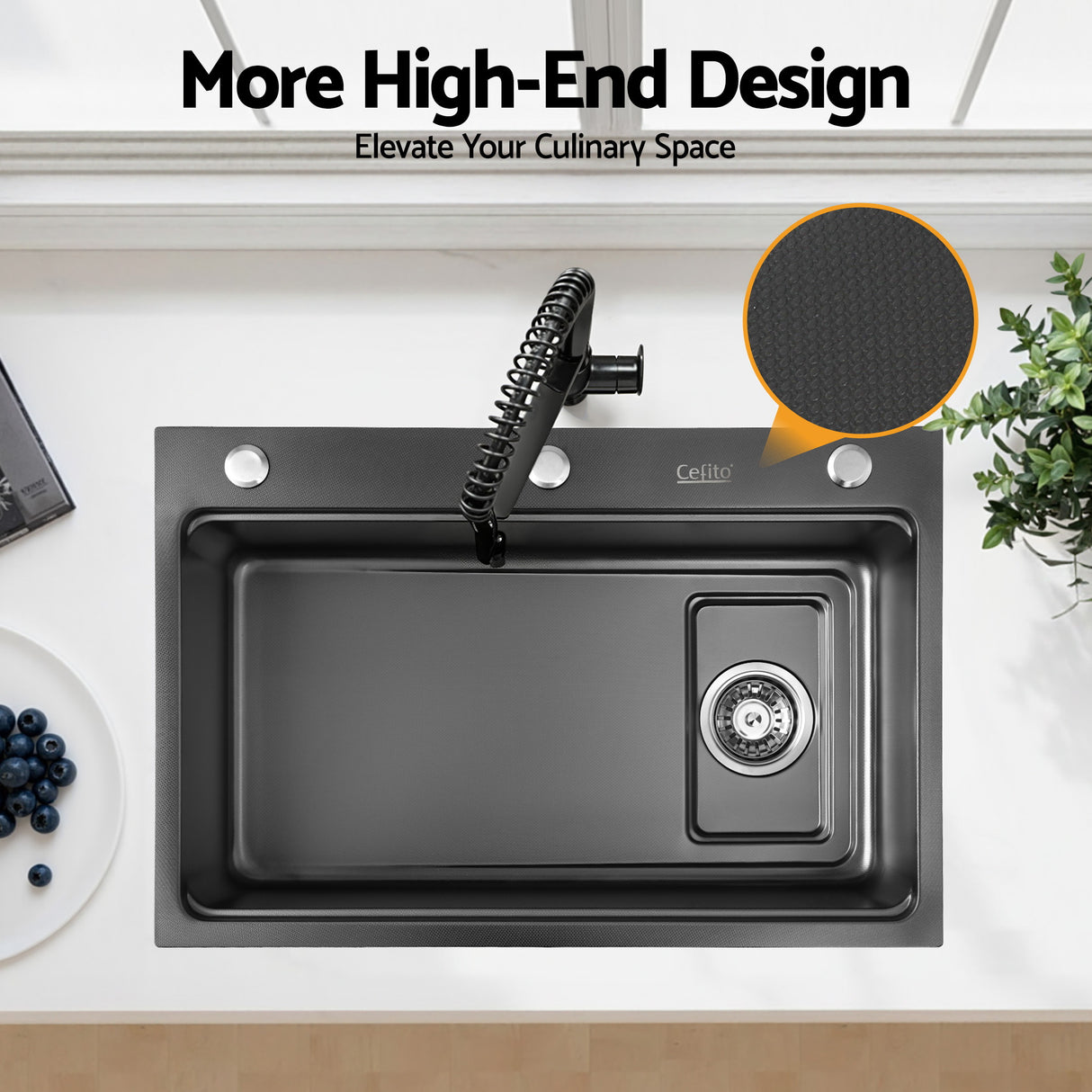 Bar prep sink, stainless steel black textured nano finish 68x45cm