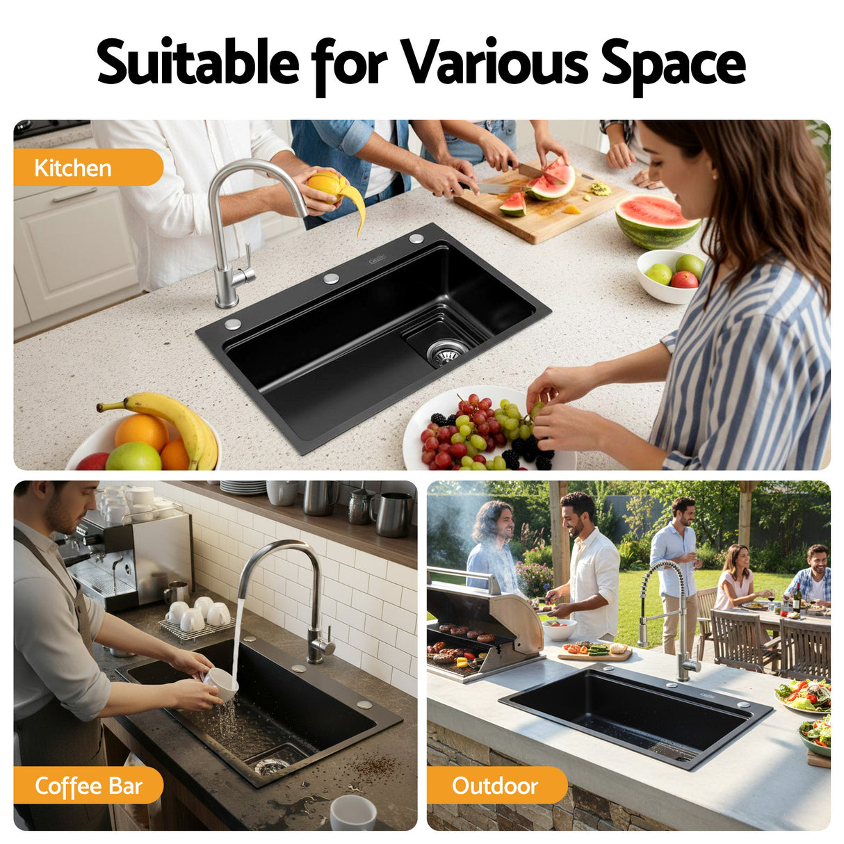 Bar prep sink, stainless steel black textured nano finish 68x45cm