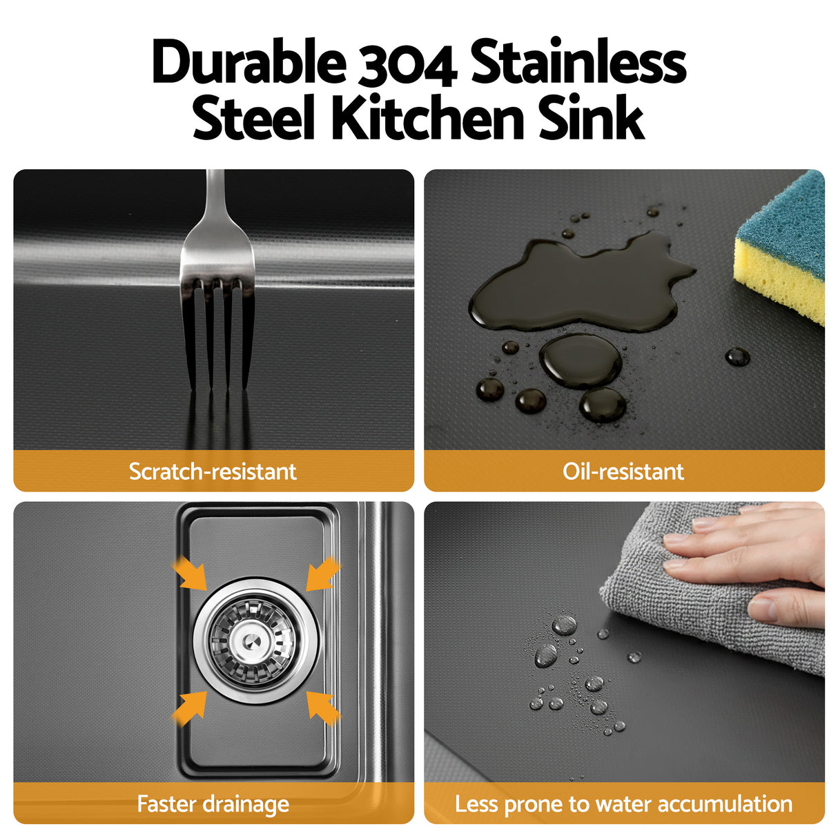 Stainless steel bar prep sink, black textured nano finish 75x45cm
