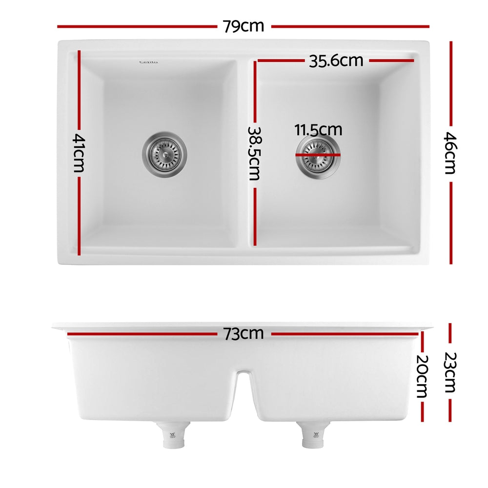 Granite stone laundry sink, white double bowl 79x46cm