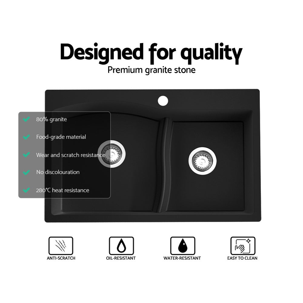 Granite stone laundry sink, black double bowl 76x47cm